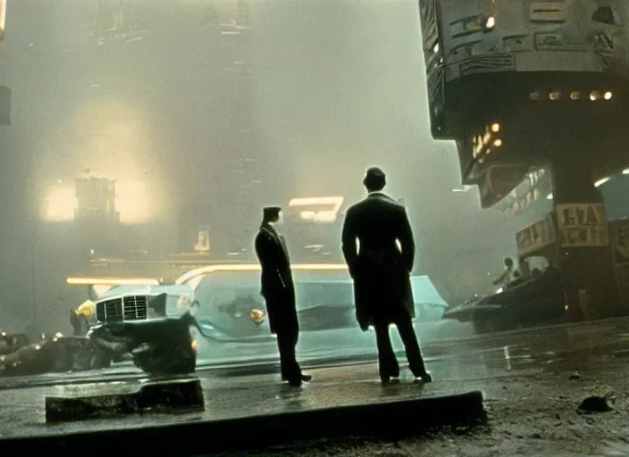 Image similar to scene with the main character standing next to a vehicle from the 1912 science fiction film Blade Runner