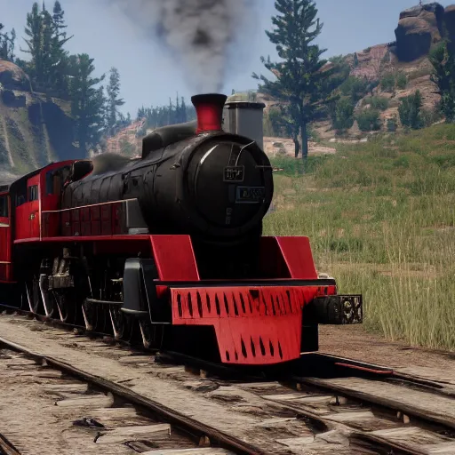 Image similar to A train in red dead redemption 2, screenshot, high quality image, widescreen, in-game engine, 8k, octane render