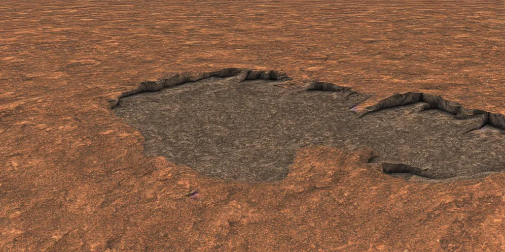 Image similar to an isolated volacanic feature in the middle of the vast dried out lake plain, rendered in bryce 3 d, 1 9 9 7, orthographic perspective