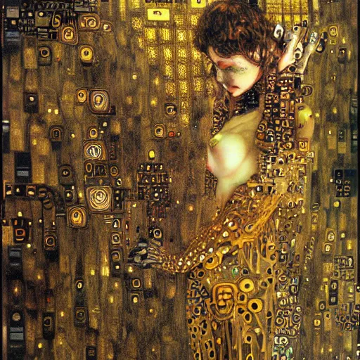 Image similar to stunning cybernetic demon trapped in circuitry hellscape, intricate detail, klimt, miro, royo, whealan, figure study,