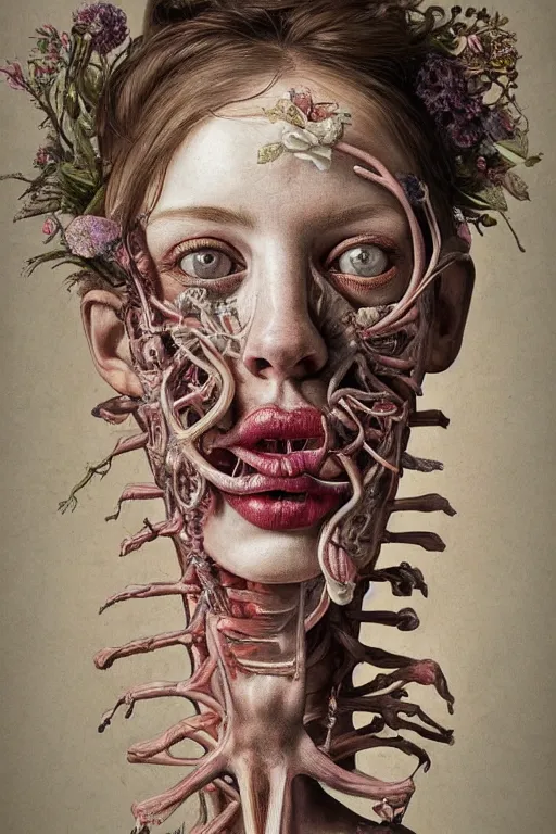 Image similar to Detailed maximalist portrait with large lips and eyes, scared expression, botanical anatomy, skeletal with extra flesh, HD mixed media, 3D collage, highly detailed and intricate, surreal illustration in the style of Jenny Saville, dark art, baroque, centred in image, rendered in octane