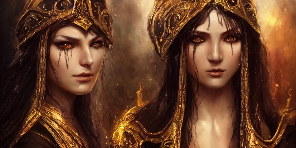 Image similar to a young beautiful priestess with long black hairweaving golden strings of magic, barroque painting, ultra realistic. cinematic, dynamic. magic the gathering style. epic fantasy, insanely detailed, 4k, symmetrical face, rpg character reference. gourgeous.