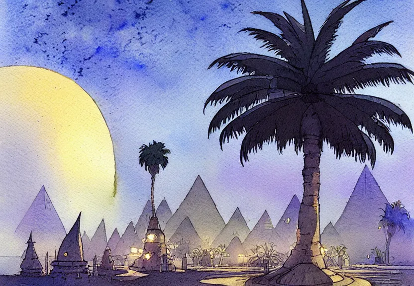 Image similar to a simple watercolor fantasy concept art of a dark grey boxy ufo next to a palm tree at night with white pyramids in the background. by studio ghibli, rebecca guay, michael kaluta, charles vess