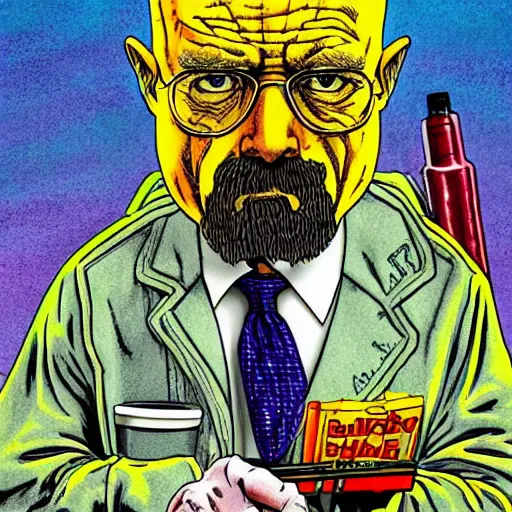 Image similar to The Artwork of R. Crumb and his Cheap Suit Breaking-Bad-Walter-White meth-lab, wearing a bio-hazard suit pencil and colored marker artwork, trailer-trash lifestyle