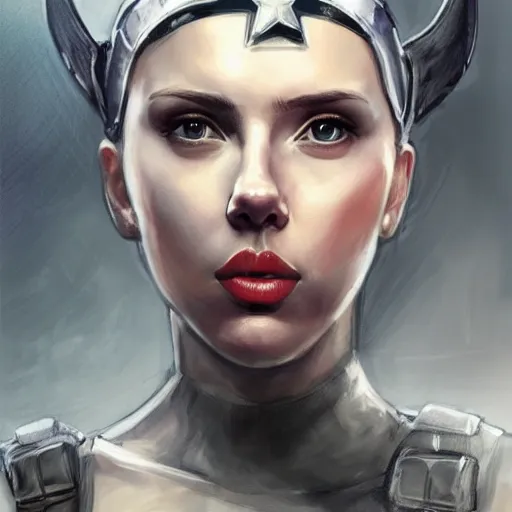 Prompt: captain america by scarlett johansson as an attractive young smiling woman wearing a mushroom crown and heavy armoured wedding dress, face portrait, hd shot, digital portrait, elegant, beautiful, fantasy art, artstation, comic style, by artgerm, guy denning, jakub rozalski, magali villeneuve and charlie bowater