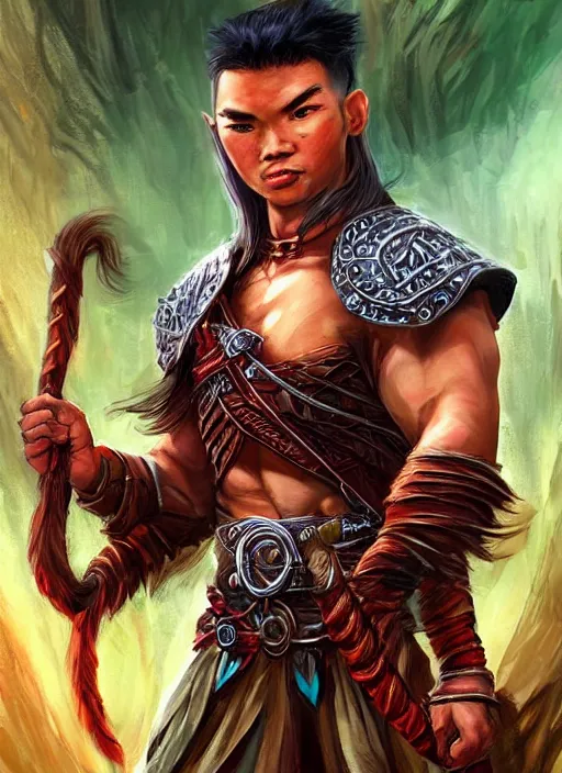 Image similar to muscly asian man mid parted hair, dndbeyond, bright, colourful, realistic, dnd character portrait, full body, pathfinder, pinterest, art by ralph horsley, dnd, rpg, lotr game design fanart by concept art, behance hd, artstation, deviantart, hdr render in unreal engine 5