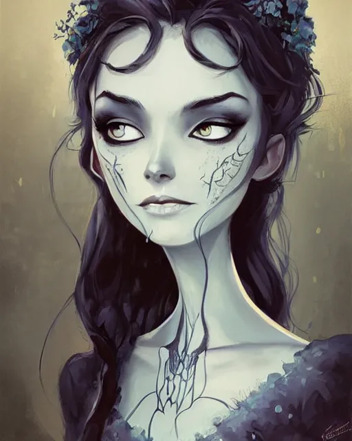 Image similar to elegant mysterious gracious undead victoria everglot from the corpse bride, portrait, illustration, the land of the death, skeletal hand, rim light, top light, summer clear blue sky, perfectly shaded, soft painting, art by krenz cushart and wenjun lin