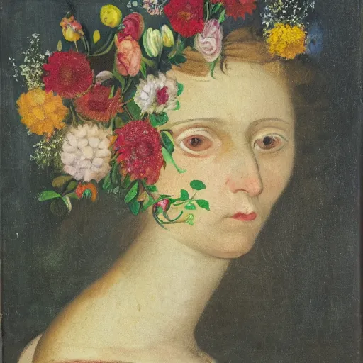 Image similar to portrait of a woman made of flowers and smoke