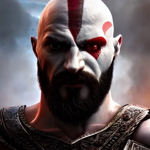 Image similar to portrait of kratos, intricate artwork, concept art, octane render, deviantart, cinematic, key art, hyperrealism, iridescent accents, portrait photograph, nikon 3 5 mm, photograph by greg rutkowski