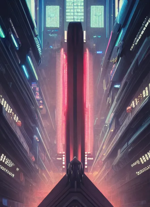 Image similar to symmetry!! film still establishing shot of the technological singularity, sci - fi -, cyberpunk, blade runner, glowing lights, tech, biotech, techwear!! intricate, elegant, highly detailed, digital painting, artstation, concept art, smooth, sharp focus, blur, short focal length, illustration, art by artgerm and greg rutkowski and alphonse mucha