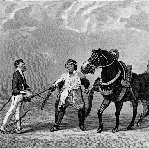 Prompt: a horse pulling a big canon behind his him. the canon is harnessed to the horse and towed