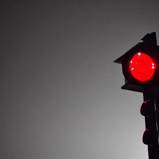 Image similar to A stunningly beautiful award-winning 8K high angle close up cinematic movie photograph of a red stop light in a spooky foggy empty lightless moonlit main intersection in an abandoned 1950s small town at night, by David Fincher and Darius Khonji. perfect composition, shot from roofline, moody low key backlit. Color palette from Seven, greens yellows and reds. 2 point perspective, high angle from 15 feet off the ground. Octane render