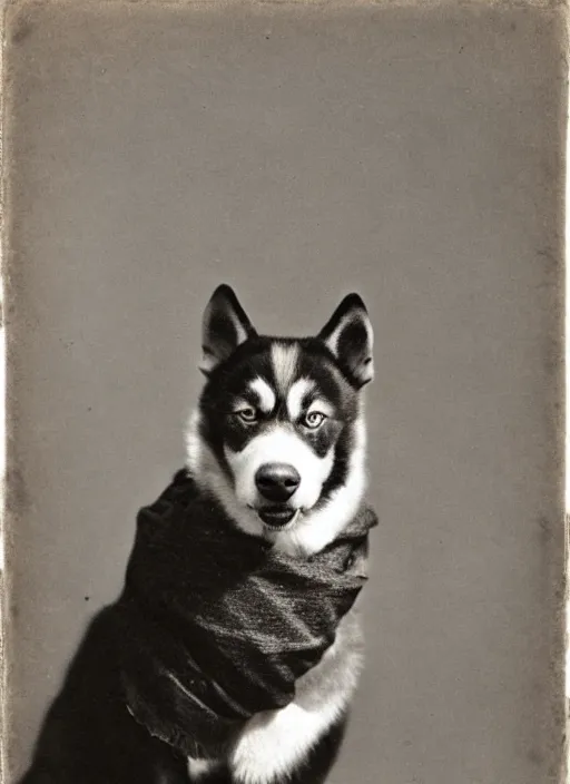 Image similar to late 1 8 0 0 s daugerrotype photograph of a happy husky dog wearing a scarf