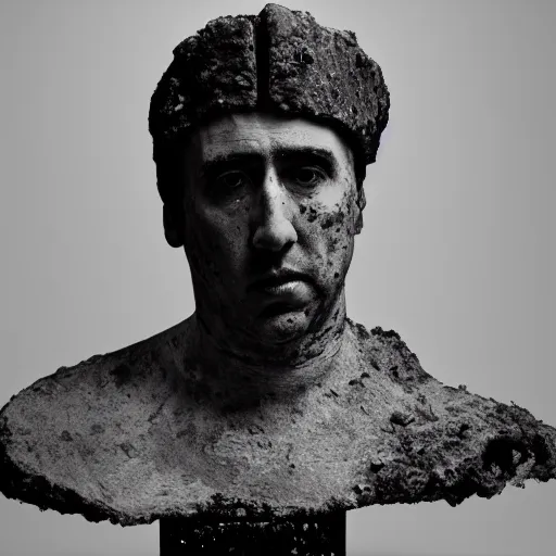 Image similar to Award-winning photograph by Chema Madoz. The photo depicts a decaying roman bust of Nicolas Cage at the bottom of the sea. Black and white, minimalism, high definition, perfect composition. Deep sea picture. Very dark. Volumetric lighting. Fisch.