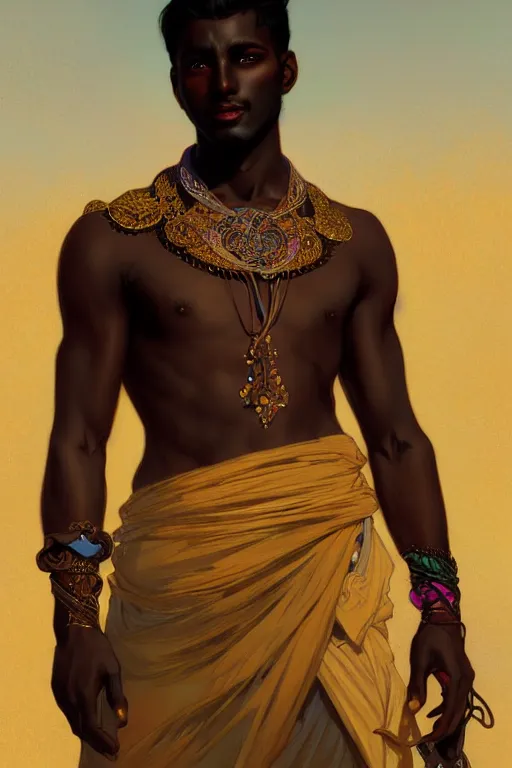 Image similar to full figure beautiful young fit dark skin man, covered in multicolored arabian fluent clothes, luminous scene, by greg rutkowski and alphonse mucha, d & d character, gradient white to gold, in front of a dune desert background, highly detailed portrait, digital painting, artstation, concept art, smooth, sharp focus illustration, artstation hq