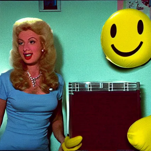 Prompt: bored housewife meets a smiley inflatable toy in a seedy motel room, 1982 color Fellini film, ugly motel room with bad art on the dirty walls, archival footage, technicolor film, 16mm, live action, John Waters, wacky children's tv campy comedy