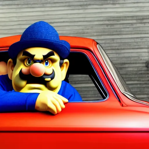 Prompt: wario as a shady car salesman, realistic, 4 k, hd.