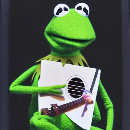 Image similar to Kermit the frog playing ukulele, polaroid photo, instax, white frame, by Warhol,