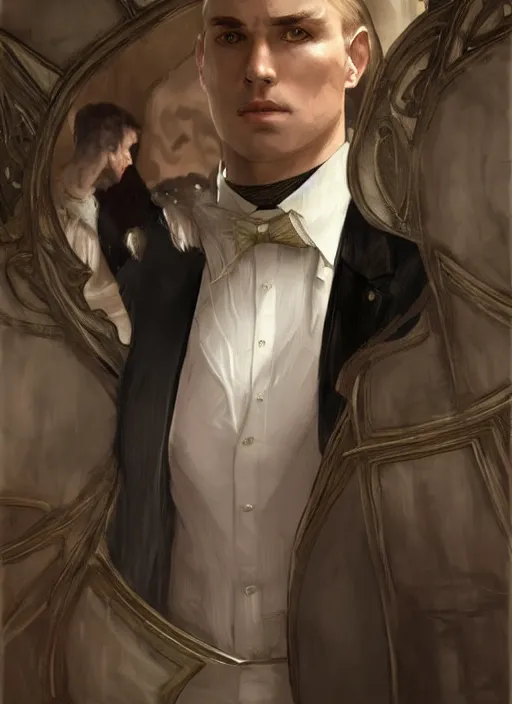 Prompt: wow! fanart throne of glass fantasy portrait of a clean - shaven chubby white man in a suit and tie, d & d, high fantasy, detailed, digital art, artstation, smooth, sharp focus, art by artgerm, greg rutkowski, alphonse mucha