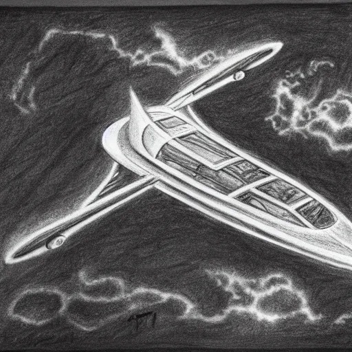 Prompt: black - and - white pencil drawing of a spaceship