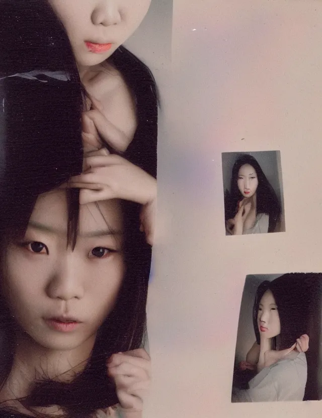 Image similar to polaroid photo with flash, portrait of a asian woman with glossy skin and gel hair in style of matrix, dressed, clothes on, bleached strong lights, kodak film stock, hyper real, stunning moody cinematography, with anamorphic lenses, by maripol, detailed