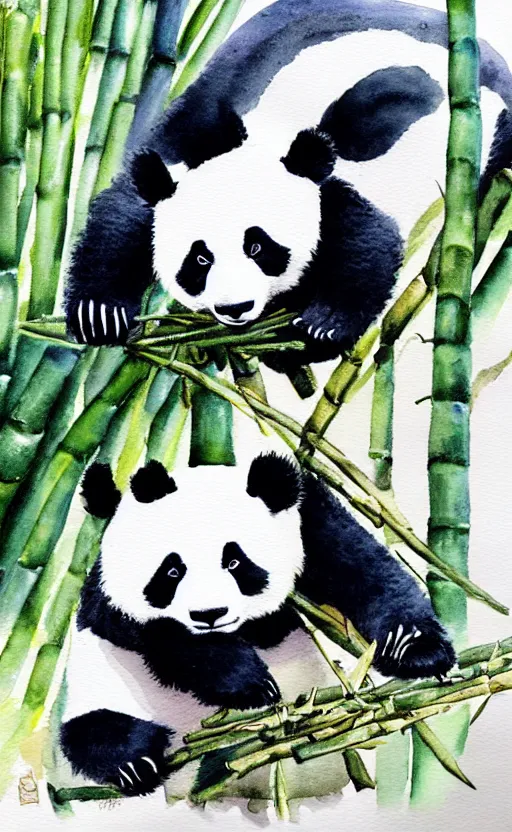 Prompt: a watercolor painting of a panda eating bamboo, dynamic lighting, photorealistic, ambient lighting, atmospherical, stunning visuals, trending on art station