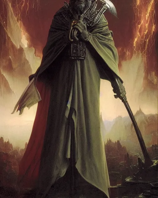 Prompt: A wizard. He has a very menacing expression. he wears robes. Award winning oil painting by Thomas Cole and Wayne Barlowe. Highly detailed