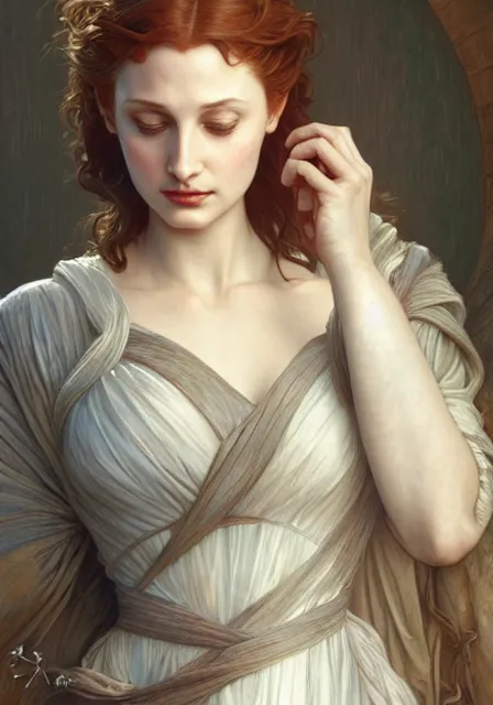 Image similar to sansa angeline jolie gessica chastain, intricate, elegant, highly detailed, digital painting, artstation, concept art, smooth, sharp focus, illustration, art by artgerm and greg rutkowski and alphonse mucha and william - adolphe bouguereau