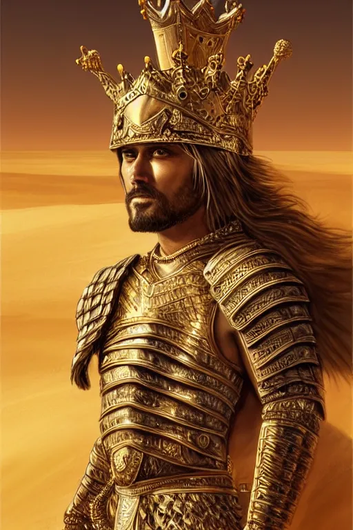 Image similar to Portrait of the King of the Desert, Warrior Man, standing in Sand, detailed scene, Gold Armour and Crown, Sword, handsome attractive face, beautiful face, photo realistic, highly detailed, dramatic lighting, majestic, trending on artstation, elegant, intricate, highly detailed, digital painting, concept art, by artgerm