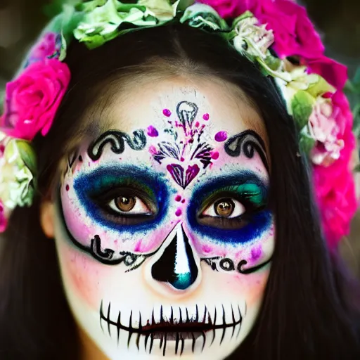 Image similar to canon mark 5, motion blur, realistic character portrait photo of a beautiful mexican girl, day of the dead makeup, muted colours, by britt marling, glitter storm