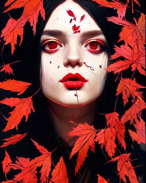 Image similar to highly detailed ugly hippie, black hair, flying leaves on backround, symmetrical, red lips, paint by ilya kuvshinov and anna dittman trending on artstation, intricate details, energetic composition, golden ratio, concept art, illustration, elegant art