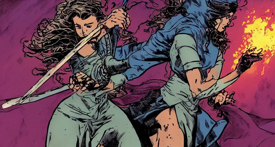 Image similar to Alicia Vikander as a mage fighting a knight a comic book panel by Frank Miller