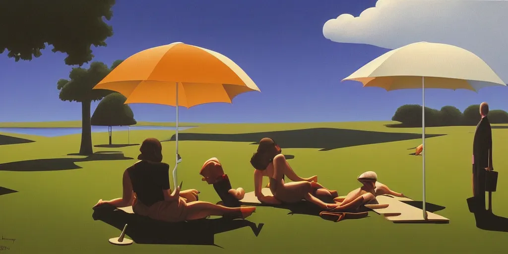 Prompt: umbrellas, summer evening, kenton nelson