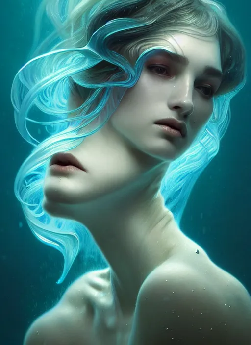 Image similar to an underwater photographic side portrait of an anthropomorphic bioluminescent liquid wave, dramatic murky volumetric lighting, fantasy, intricate, elegant, highly detailed, digital painting, artstation, concept art, smooth, sharp focus, illustration, art by artgerm and h r giger and alphonse mucha