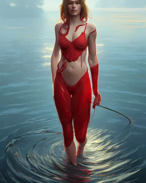 Image similar to emily rajtkowski, lake, red, highly detailed, digital painting, artstation, concept art, smooth, sharp focus, illustration, art by artgerm and greg rutkowski and alphonse mucha