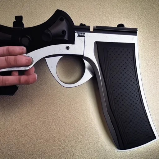 Image similar to a 3 d printed, futuristic revolver that takes glock mags. 4 k, shot on an iphone 1 2.