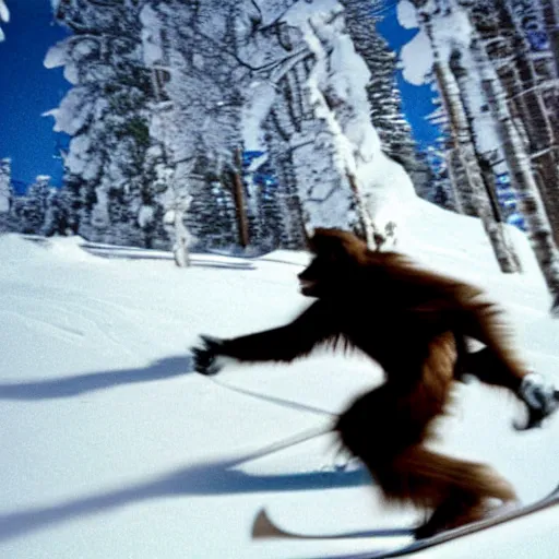 Image similar to Action photograph of Bigfoot skiing in rad 1990s gear, motion blur, Flash photography