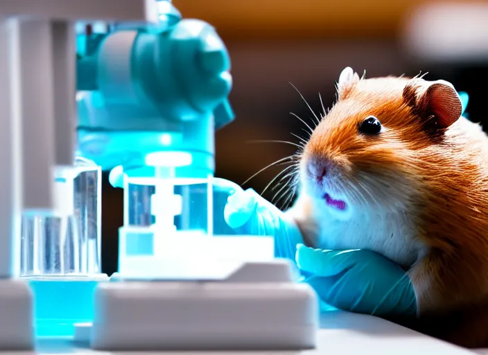 Image similar to film still of a hamster working in a research lab using a tiny microscope, 8 k