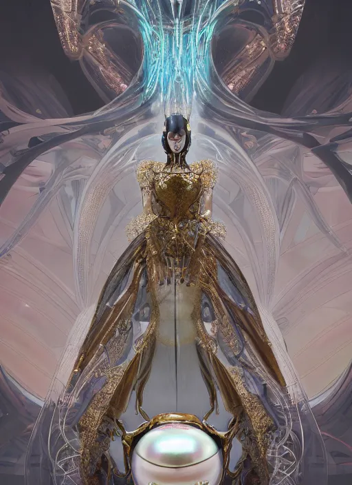 Prompt: a incredible elegant hollow bionic art nouveau alien galaxy japanese pearl queen superheroe, with ornate jewelled, sci - fi, high - tech, the met museum, streamlined, futuristic, spot lighting, led, photorealistic, high detailed, concept art, exquisite aristocratic, industrial factory by leonardo da vinci rendered in octane 8 k