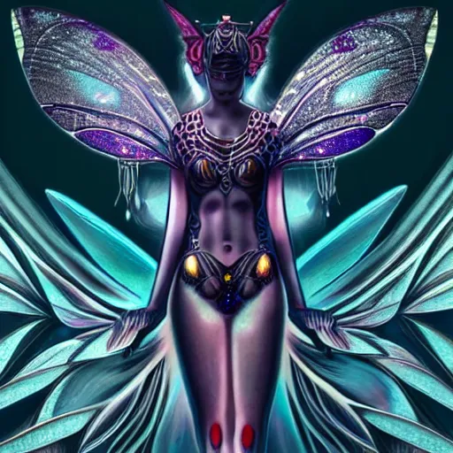 Image similar to realistic illustration of a beautiful art deco faerie queen with glowing eyes, moth wings with geometric patterns, reflective detailed textures, highly detailed dark fantasy science fiction painting, silver and cool colors, artstation