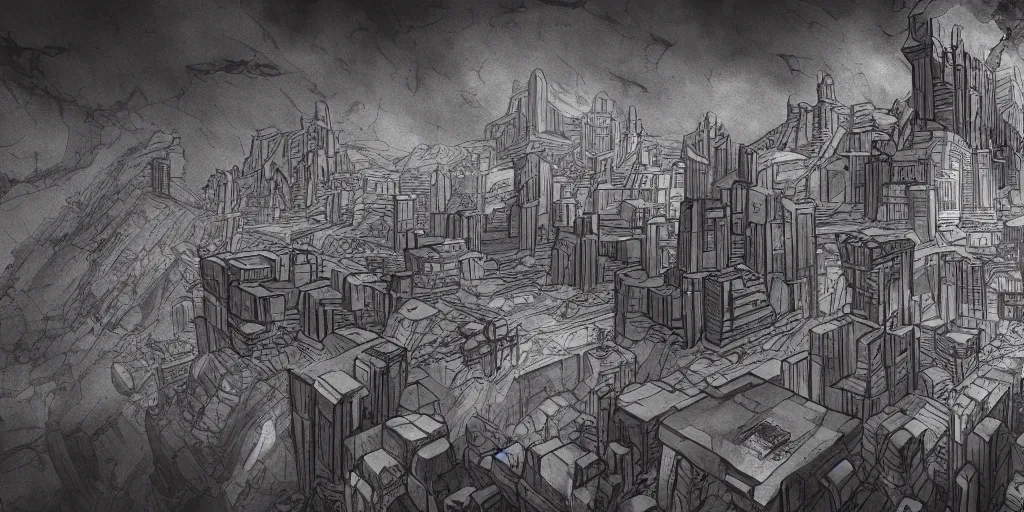 Image similar to inception lovecraft city carved from rock underground another inverted upside down above, in the style of akira, cinematic warm volumetric lighting