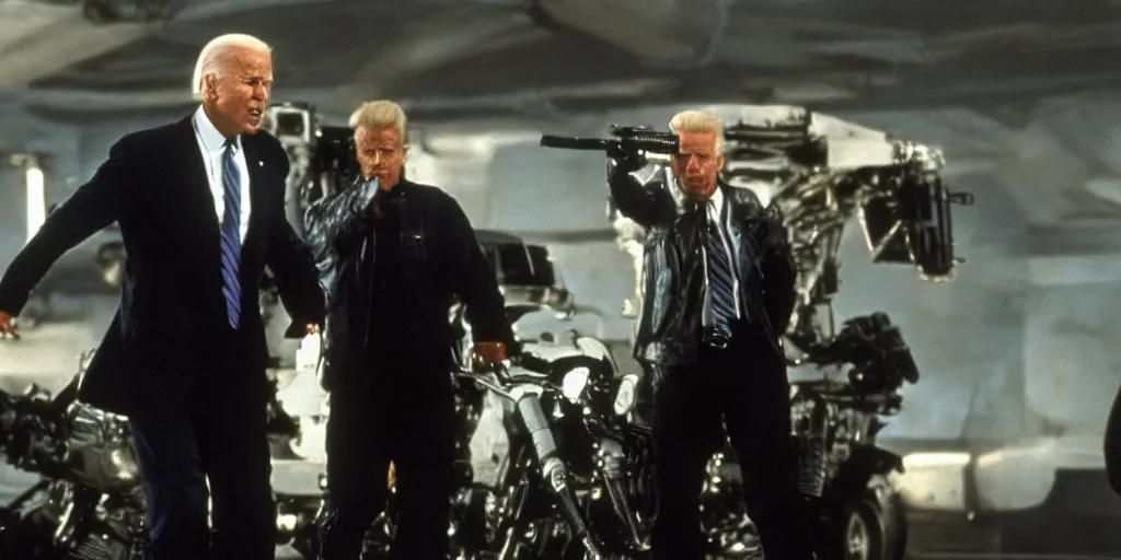 Image similar to joe biden in the terminator shooting terminator donald trump, cinematic, two characters, highly detailed, photorealistic, cinematic lighting, James Cameron