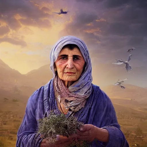 Image similar to hyperrealistic mixed media high resolution image of a beautiful Kurdish grandmother, stunning 3d render inspired art by István Sándorfi and Greg Rutkowski and Unreal Engine, perfect symmetry, dim volumetric lighting, 8k octane beautifully detailed render, post-processing, extremely hyper-detailed, intricate, epic composition, highly detailed attributes, highly detailed atmosphere, full body shot, cinematic lighting, masterpiece, trending on artstation, very very detailed, masterpiece, stunning, flawless structure, lifelike texture, perfection,