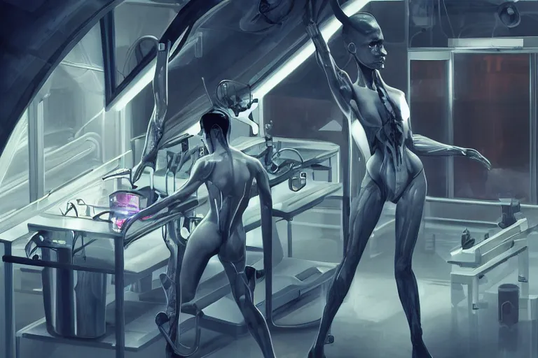 Image similar to androgynous cyborgs creating humans in a sophisticated bio lab, specimens submerged in incubators, sci - fi, neon lighting, sophisticated, futuristic, highly detailed, intricate, sharp focus, digital illustration, smooth, by artgerm, wlop, syd meade, greg rutkowski, trending on artstation