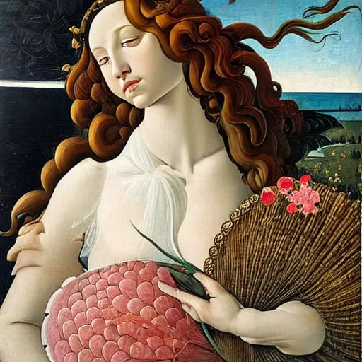 Image similar to an hyperrealistic mythological oil painting of venus with long curly brown hair, full body, wearing floral dress, sleeping in a giant scallop shell, near the seashore, intricate, elegant, renaissance style, by sandro botticelli -