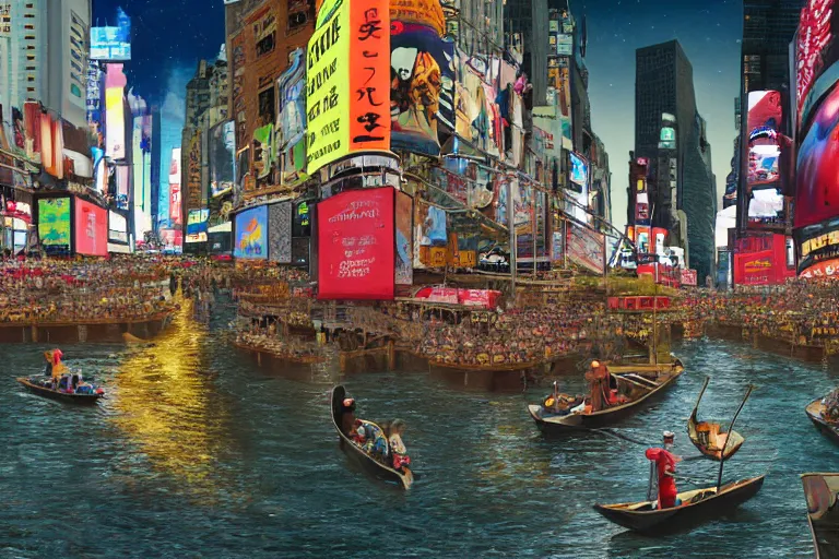 Prompt: floating markets of times square river in kyoto kamo gold river during sakura season on thermal waters flowing down gold travertine terraces during interstellar aurora borealis, royal blue waterfalls, vendors, festivals, fun, by peter mohrbacher, james jean, james gilleard, greg rutkowski, vincent di fate, rule of thirds, octane render, beautiful landscape