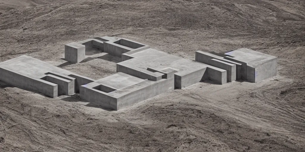 Image similar to imposing geometric concrete buildings in a barren desert wasteland