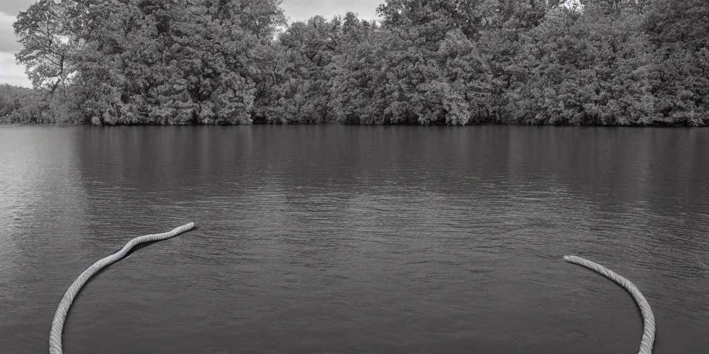 Image similar to centered photograph of a long rope snaking across the surface of the water, floating submerged rope stretching out towards the center of the lake, a dark lake on a cloudy day, mood, trees in the background, anamorphic lens, 4 k