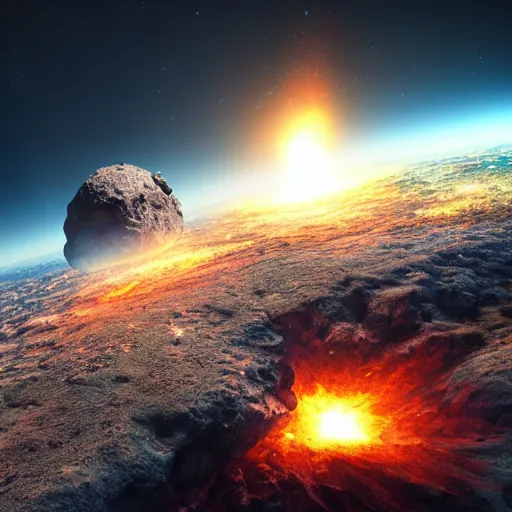 Image similar to Render of a huge asteroid impacting the Earth, detailed, textured, vivid colors, colorful, photorealistic, high dynamic range, HDR, trending on Artstation, Unreal Engine 4k