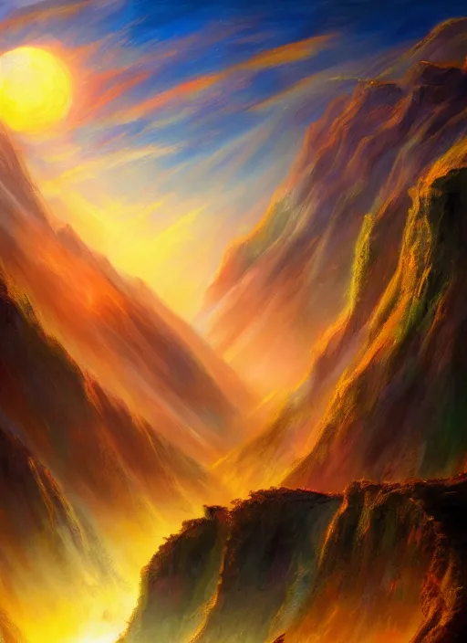 Image similar to a beautiful concept art painting of a sunrise on a peruvian, beautiful lighting, fantasy art